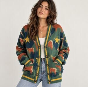Steady Hands Lone Star Cardigan S/M Western Longhorn Cowboy Cow Sweater